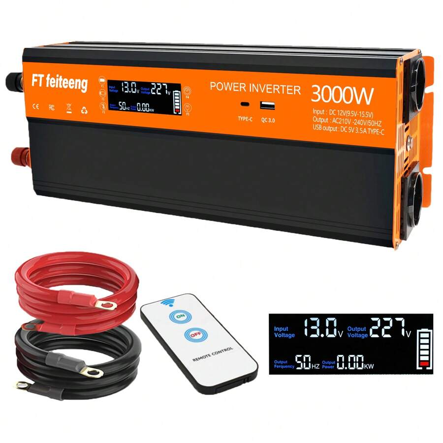 FT feiteeng Inversor de energía de 3000 W de potencia, de 12V a 220V/230V, para automóvil, con puerto USB y pantalla LCD, para suministro de energía de emergencia en automóviles y actividades al aire libre