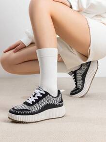 Women Platform Casual Sneakers Thick-Sole Woven Style Fashion Comfortable Wedge Sneakers Autumn Winter Outdoor Sport Shoes - Đen và trắng - Xem 4