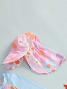 Toddler Girls Rash Guard Swimsuit With Hat 2 Pcs Set Flower Pattern Zip Up Long Sleeve Crew Neck Baby Girls Swimwears - Blue - View 5