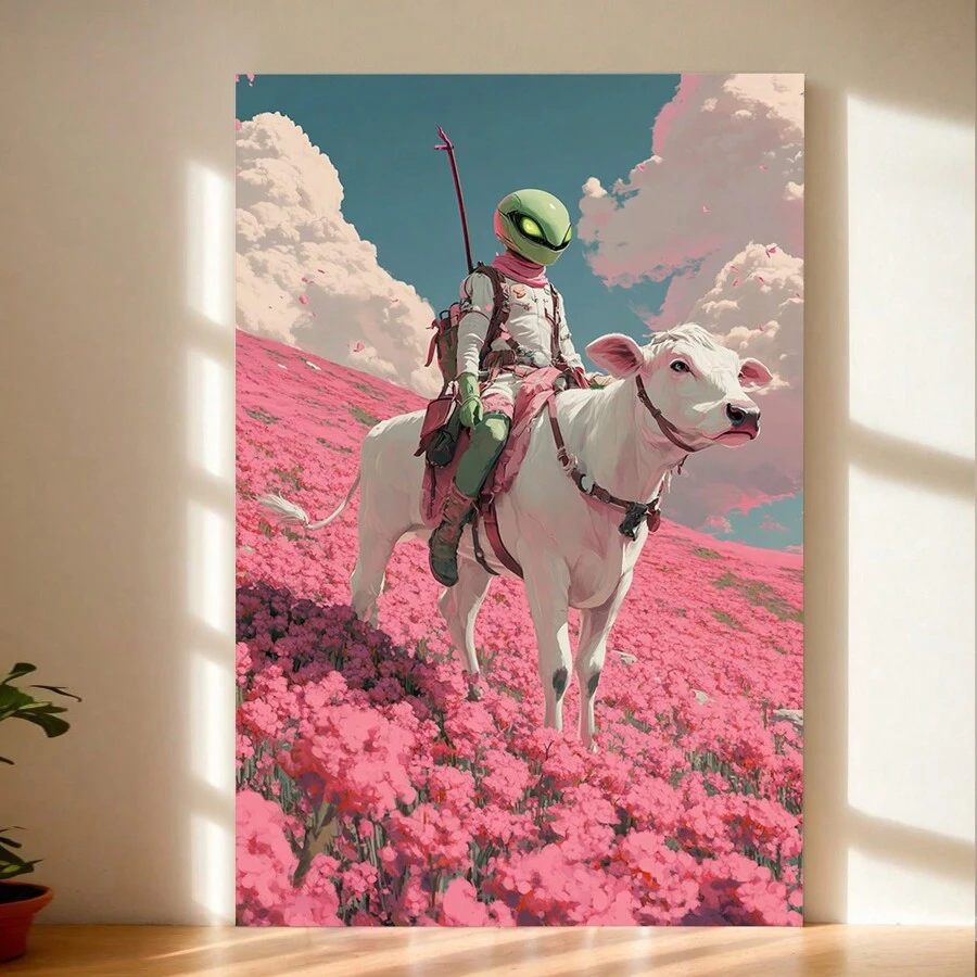 Charming Alien Bull Rider - Professional Sports Style Canvas Art, Suitable For Any Space,Festive Touch For Valentine's And New Year