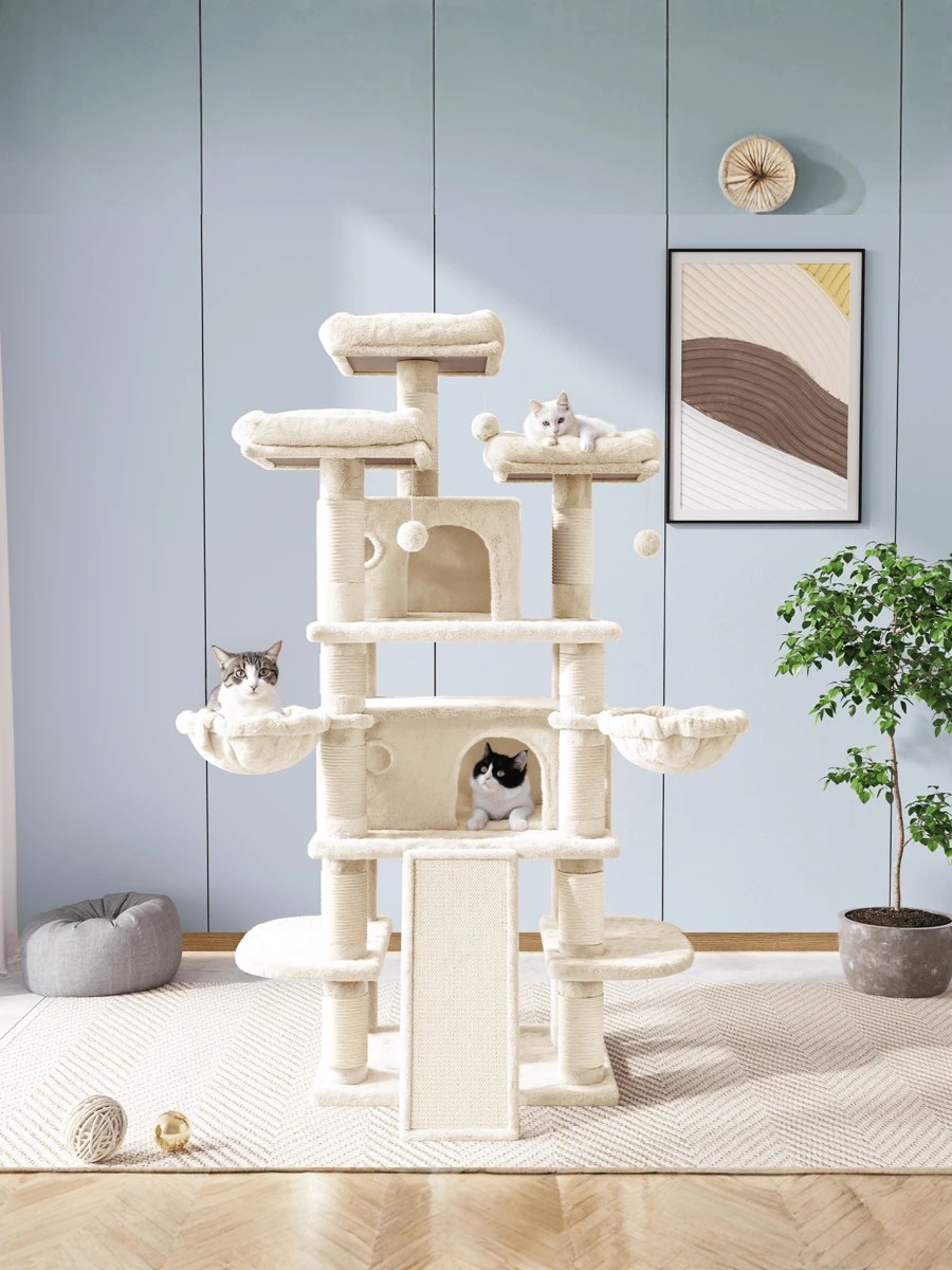 Allewie 68 Inches Multi-Level Cat Tree House With Condo, Sisal Scratching Posts, Cozy Plush Cat Perches, Hammocks, And Play Balls - Smokey Grey, Light Grey, Pink, Leopard Print – Large Cat Tower Activity Center For Indoor Cats And Kittens - Árbol Para Gatos Grandes Con Casa, Rascadores De Sisal, Perchas Acolchadas, Hamacas Y Juguetes Para Gatos De Interior * Bed Frame Queen Queen Bed Frame Bed Frame Full Full Size Bed Frame King Size Bed Frame Twin Bed Frame Room Decor Home Decor Christmas Decor Bedroom Decor Valentine Day Decor Storage Living Room Decor Furniture House Decor - 米色 - 查看 1