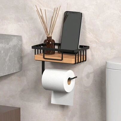 卫生间卫生纸收纳架，适用于厕所和浴室，配有储物架和卷纸架，容量大，壁挂式，无需钻孔浴室装饰秋季装饰
