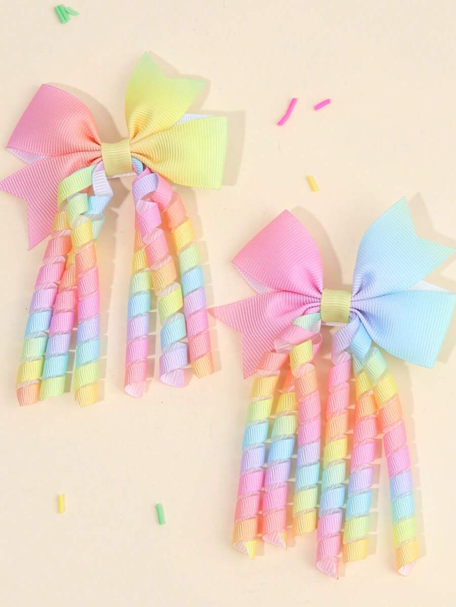 2个彩色鳄鱼夹发夹，适合女孩，渐变彩虹色发夹，多尾设计，缎面鳄鱼夹，少女发饰，女孩礼物 - 彩色 - 查看 1