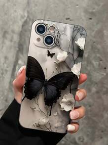 Precise Hole Straight-Edge Butterfly Black & White Painted Shockproof Phone Case Compatible With Iphone 14 Pro Max, 13, 11, XR, 7/8, Galaxy S24, A03s, A12, A32, A52, A72, S20 FE, S21, S22, Redmi 9, 9A, 10A, 10C, Note 9, 10, 11, 12, 12C Waterproof Anti-Fall Scratch Resistant