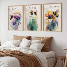 3 Pieces/Set, Watercolor Bee And Flower Canvas Print, Vintage Inspirational Decorative Posters , Botanical And Animals Wall Arts ,High Quality Creative Home Decoration, Creative Ideal Gift, Suitable For Living Room, Dining Room, Office And Bedroom, Unframed Gifts Birthday Graduation