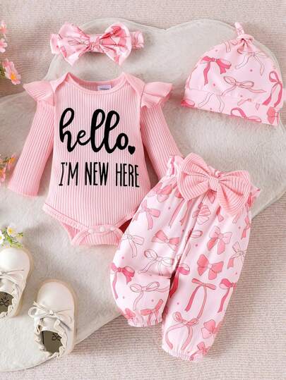 Set de 2 piezas de pelele de manga larga con estampado lindo + pantalones con gorro y diadema para bebé recién nacido, ligero para primavera y otoño