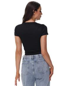 KAHULE Summer Basic Tees  Women Square Neck Crop Top Short Sleeve T Shirts Slim Fitted  Tops  Cute