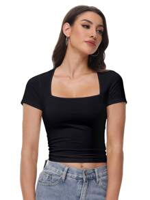 KAHULE Summer Basic Tees  Women Square Neck Crop Top Short Sleeve T Shirts Slim Fitted  Tops  Cute