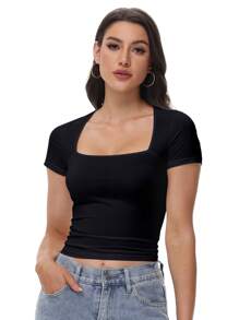 KAHULE Summer Basic Tees  Women Square Neck Crop Top Short Sleeve T Shirts Slim Fitted  Tops  Cute