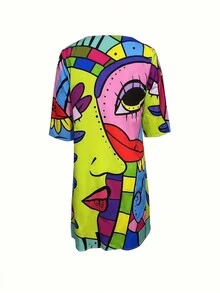 Women's Plus Size Casual V-Neck Dress - Elegant Abstract Face Print, Loose Short Sleeve Fit Autumn Dress For Spring And Autumn, Machine Washable