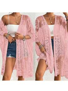 Chic Women's Lace Bikini Cover-Up: 3/4 Sleeves Open Front Sheer Mesh Crochet Kimono Cardigan Perfect For Pool Parties  Beach Days - Hồng - Xem 2