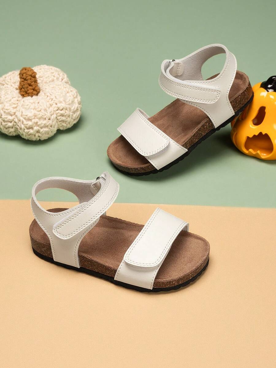 Fashionable Solid-Color Cute Boys' And Girls' Soft-Soled Comfortable Sandals With Hook And Loop Design, Toe-Exposed For Easy On And Off, Summer Beach Sandals