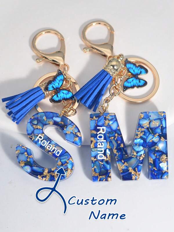 1pc Customized Letter Key Chain Resin Navy Blue Key Ring Creative Butterfly Tassel Decor Gift, Suitable For Friends, Girlfriend, Back To School Memorabilia