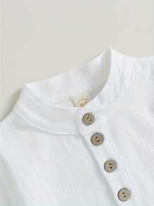 Toddler Boys Cotton Linen Outfits Buttons Short Sleeve Shirts And Elastic Waist Long Pants 2Pcs Clothes Set - 綠色 - 查看 4