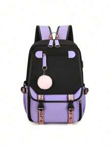 适合青少年女孩的大号书包 USB 端口帆布书包 学生书包 时尚黑色和粉色青少年学校背包，大学书包 经典时尚长款零钱包，仿皮多用钱包，大容量拉链钱包