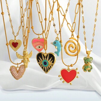 1 件个性化项链，带恶魔之眼、向日葵、蜜蜂、天使吊坠、橙色“幸运”金色心形吊坠、吊坠、不锈钢女士首饰