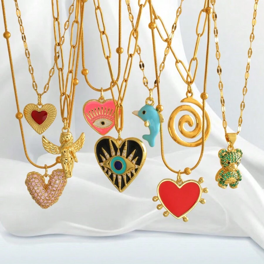 1pc Personalized Necklace With Demon Eye, Sunflower, Bee, Angel Pendant, Orange "Lucky" Golden Heart Pendant, Cross Pendant, Stainless Steel Jewelry For Women