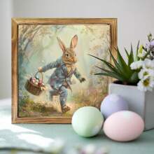 1 Piece Farmhouse Wooden Rabbit Mural, 8x 8 Inch Farmhouse Decoration, Bedroom, Kitchen, Bathroom, Comfortable Home Decoration, Easter Mural Decoration Gifts Birthday Graduation - Multicolor - View 3