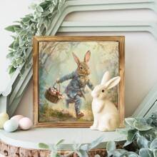 1 Piece Farmhouse Wooden Rabbit Mural, 8x 8 Inch Farmhouse Decoration, Bedroom, Kitchen, Bathroom, Comfortable Home Decoration, Easter Mural Decoration Gifts Birthday Graduation - Multicolor - View 5