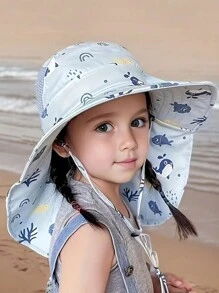 1 pieza Sombrero de sol infantil transpirable y suave con diseño de dibujos animados, gorra de playa de ala ancha ajustable para niños y niñas