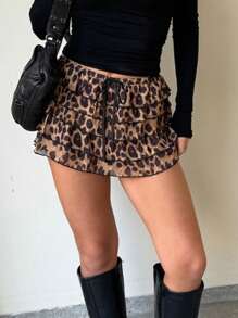Women Summer Mini Skirt Casual Leopard Print Layered Ruffles A-Line Skirt For Beach Vacation Club Streetwear