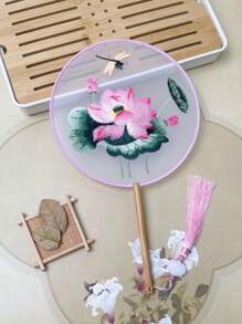 1 Stück vintage Handventilator, chinesischer runder Fächer mit Seide-Stickerei, Kranich-Blumen Heim- und Raumdekoration, Tanzfächer mit Quasten, Party-Requisiten, Weihnachts-, Valentinstags- und Neujahrgeschenk