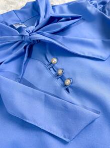 Women's Short Sleeve Puffed Blouse With Bow No. 8 - Baby Blue - View 2
