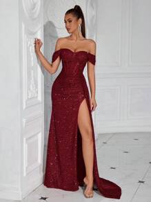 Elisanya Sequin Heart Neck Ruched Waist Long Ribbon Tied Open Back Split Evening Party Dress - Burgundy - View 4