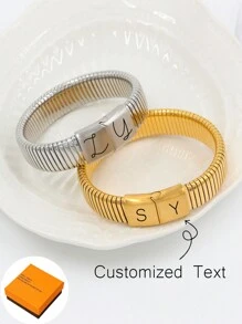 1pc Hip Hop Top 18K Gold Stainless Steel Polishing Side Pull Magnetic Buckle Elastic Wide Face Bracelet With Medieval Texture Couple Design Bracelet Customizable Name Simple Daily Style, Products Includes Gift Box, Valentine's Day Gift, Birthday Gift, Mother's Day Gift, Daily Gift