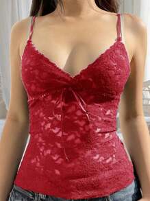 Women Y2k Lace Crop Camis Tops Spaghetti Strap Lace Floral V-Neck Camisoles Sexy Sleeveless Backless Tank Tops Slim Fit Vests Tops Aesthetic Clothes Streetwear - 紅色 - 查看 3