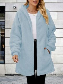 2024 Autumn/Winter New Arrival Hot Selling Plus Size Women Solid Color Fuzzy Hooded Zipper Jacket