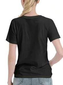 Women's Printed 100% Pure Cotton T-Shirt, 220g Pure Cotton, Casual Crew Neck, Ideal For Traveling, Road Trips, Or Casual Days. - Black - View 3
