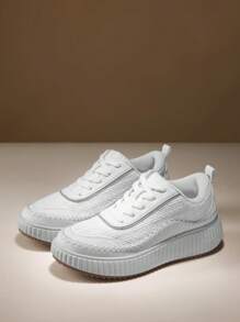 Women Platform Casual Sneakers Thick-Sole Woven Style Fashion Comfortable Wedge Sneakers Autumn Winter Outdoor Sport Shoes - trắng - Xem 3