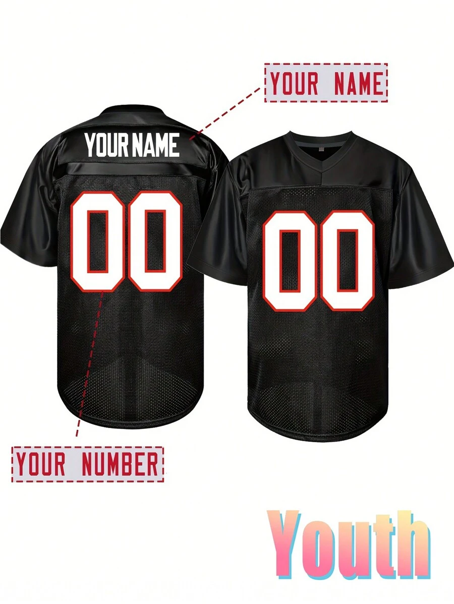 Youth Customized Name And Number Embroidery American Football Jersey Boys And Girls Tampa Bay Black V-Neck Personalized Short Sleeve Button Down Shirts Party Games Training Sports Tops - Black - View 1