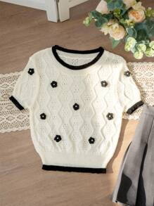 Áo dệt kim phong cách đường phố thanh lịch Hàn Quốc, áo thun ngắn tay phối màu hoa 3D ngọt ngào với thiết kế họa tiết, phù hợp cho mùa tựu trường, mẫu áo mới mùa hè, phong cách thường ngày. - Màu be - Xem 8