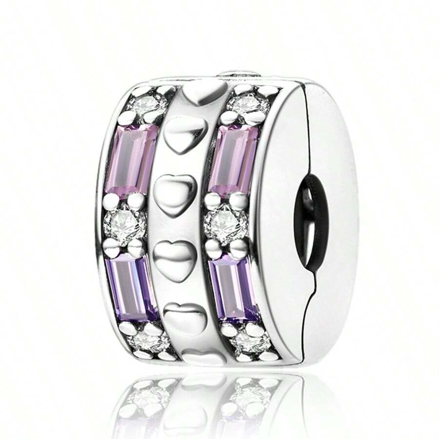 925 Silver Plated Heart Shaped Pink-Purple Cubic Zirconia Clasp, Hollow Out Delicate & Fashionable Design, DIY Jewelry Making Kit For Bracelets And Necklaces, Unique Style Fashion Women's Birthday Party Gift, Daily Wear Or Special Occasion Accessory, Valentine's Day Or Birthday Gift - Pink - View 1