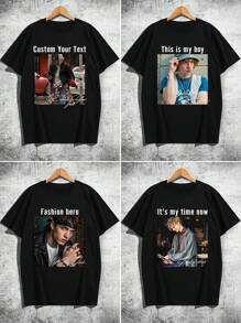 Customized Men's T-Shirt, Enter Your Text/Blessing/Funny Text, Upload Your Photo/Friend/Lover Photo, Black T-Shirt, Holiday Gift, Anniversary Gift, Company Team Building Uniform, Music Festival, Gift For Him, Spring/Summer Round Neck Short Sleeve T-Shirt, Party, Men's Short Sleeve Summer Top,Chic Autumn,Street Casual Chic - Black - View 2