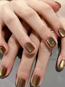 Monina Y2K 波普艺术 24 件摩卡棕色闪光猫眼水钻短款按压指甲，闪亮闪亮的女士礼物，优雅浪漫的时尚 - 摩卡棕 - 查看 7