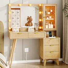 Fluted Vanity Desk With Mirror And LED Lights, Wood Vanity With Lighted Mirror & 5 Drawers, Makeup Vanity Mirror With Lights Desk And LED Glass Cabinet, Dressing Table For Girls Women - Khaki - View 1