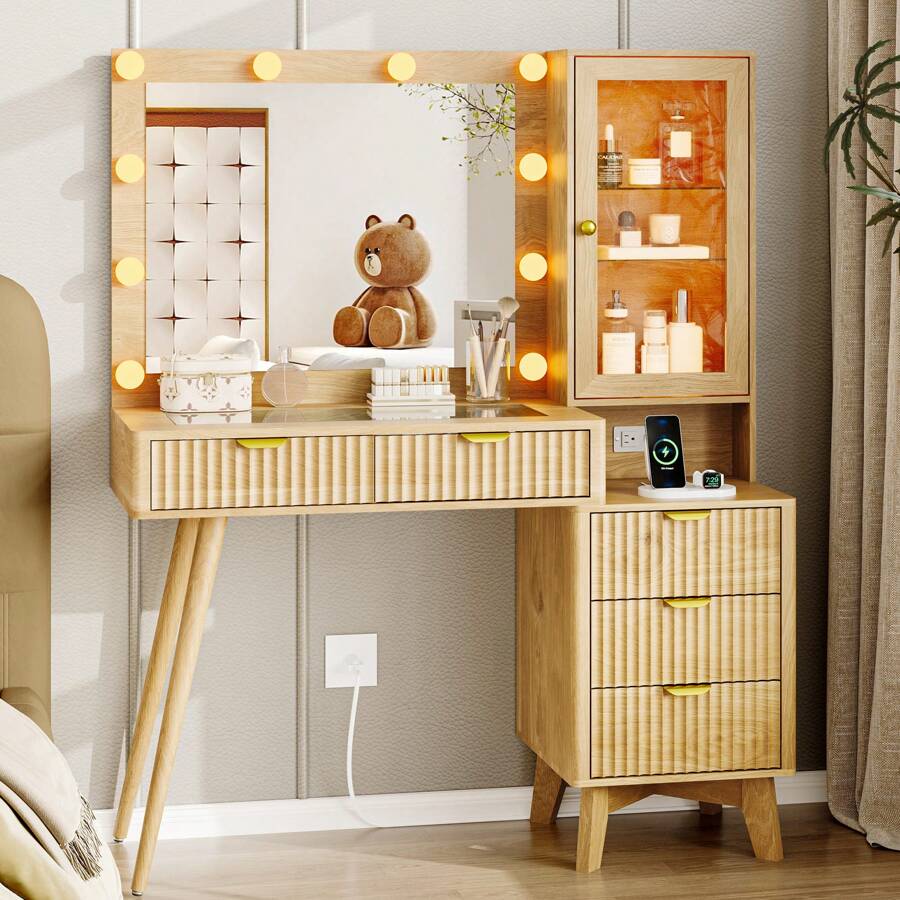 Fluted Vanity Desk With Mirror And LED Lights, Wood Vanity With Lighted Mirror & 5 Drawers, Makeup Vanity Mirror With Lights Desk And LED Glass Cabinet, Dressing Table For Girls Women - Khaki - View 1