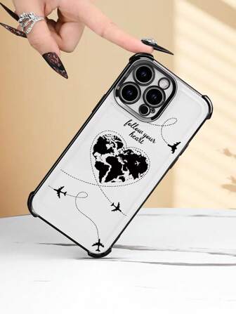1 件爱心飞机线 2D 打印创意个性化手机壳，适合作为生日、圣诞节、新年礼物送给朋友、家人、情侣，透明保护套带黑色框架，兼容 16/15/14/13/12/11/Pro/ProMax/X/XR/XS/XSMAX/7/8/PLUS