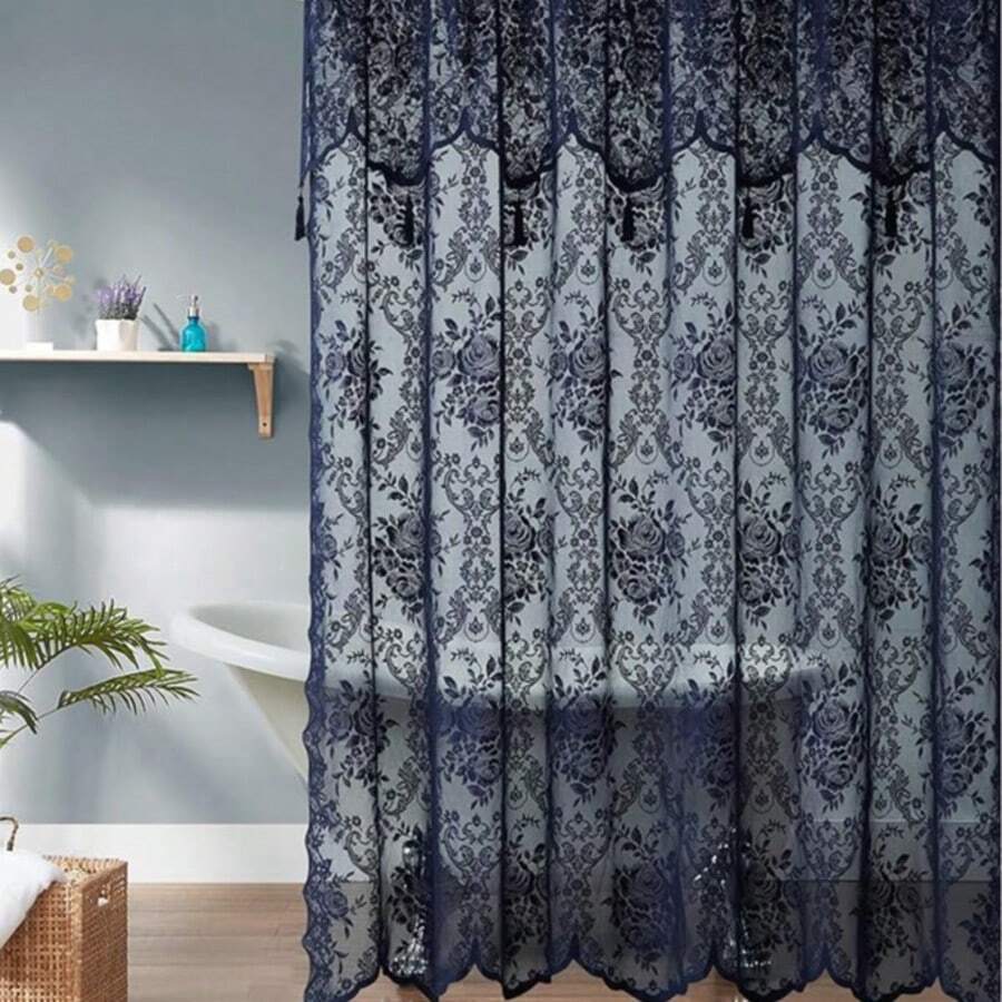 WARM HOME DESIGNS Navy Blue Lace Shower Curtain With Attached Valance And Tassels. Luxury Vintage Shower Curtain In 5 Sizes And 6 Colors. - 藏蓝色 - 查看 1