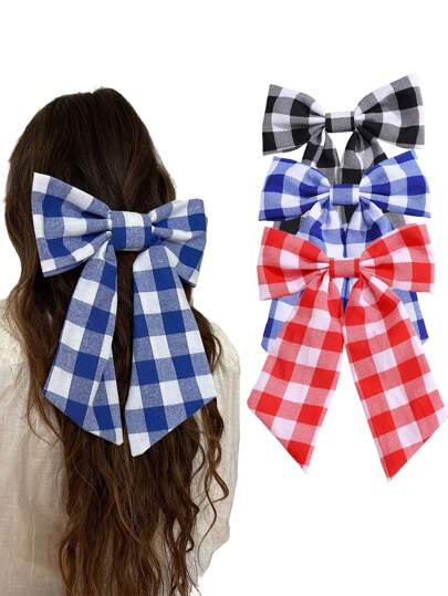 1pc Women's Fashion Elegant French Style Red & Blue Plaid Bow Hair Clip, Suitable For Daily, Spring/Summer, Vacation Decoration & Casual Outfit