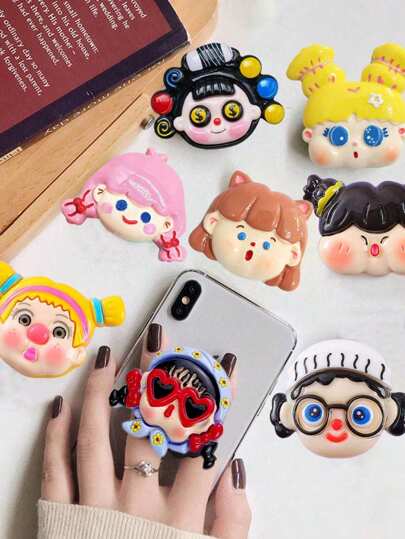 Cute Big Head Doll Mobile Phone Stand, Handmade DIY Paste Type Portable Ring Grip, 3D Ins Style For Girls Compatible With IPhone, Android Phone, Gift For Birthday, Family, Friends Push-Pull Phone Grip, Phone Holder, Phone Accessories