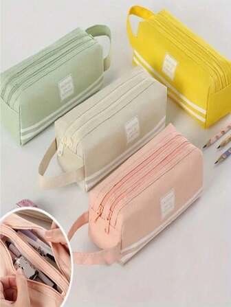 1 件多功能收纳袋，双层布袋，简约大容量拉链手提包，便携式文具袋，适合旅行、返校