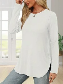 Women's Solid Color Crew Neck Shirt With Side Split Long Sleeve Casual Basic Top - trắng - Xem 4