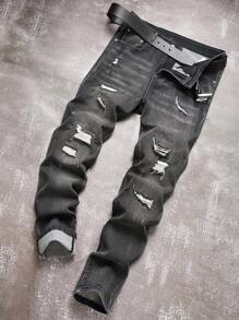 Men's Front Button Pocket Casual Stretch Ripped Jeans - Black - View 1