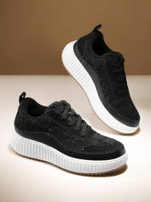 Women Platform Casual Sneakers Thick-Sole Woven Style Fashion Comfortable Wedge Sneakers Autumn Winter Outdoor Sport Shoes - màu đen - Xem 2