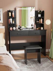 VOWNER 42.5" Vanity Desk With LED Lighted Mirror,  Makeup Vanity Table With Soft Stool, 2 Drawers & 6 Open Shelves For Storage, 3 Color Light Modes, Bedroom Vanity Set Gifts For Girls Women, Christmas - màu đen - Xem 7