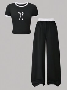 2 pièces/Set Ensemble de sport et décontracté minimaliste avec imprimé nœud, t-shirt noir et pantalon droit ample. Convient pour l'école, les rassemblements, les activités de plein air et le port quotidien pour les filles. - Noir - Voir 1